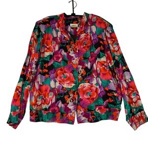 Maren Floral Print Long Sleeve Button Up Blouse Multicolor Made in USA‎ XL